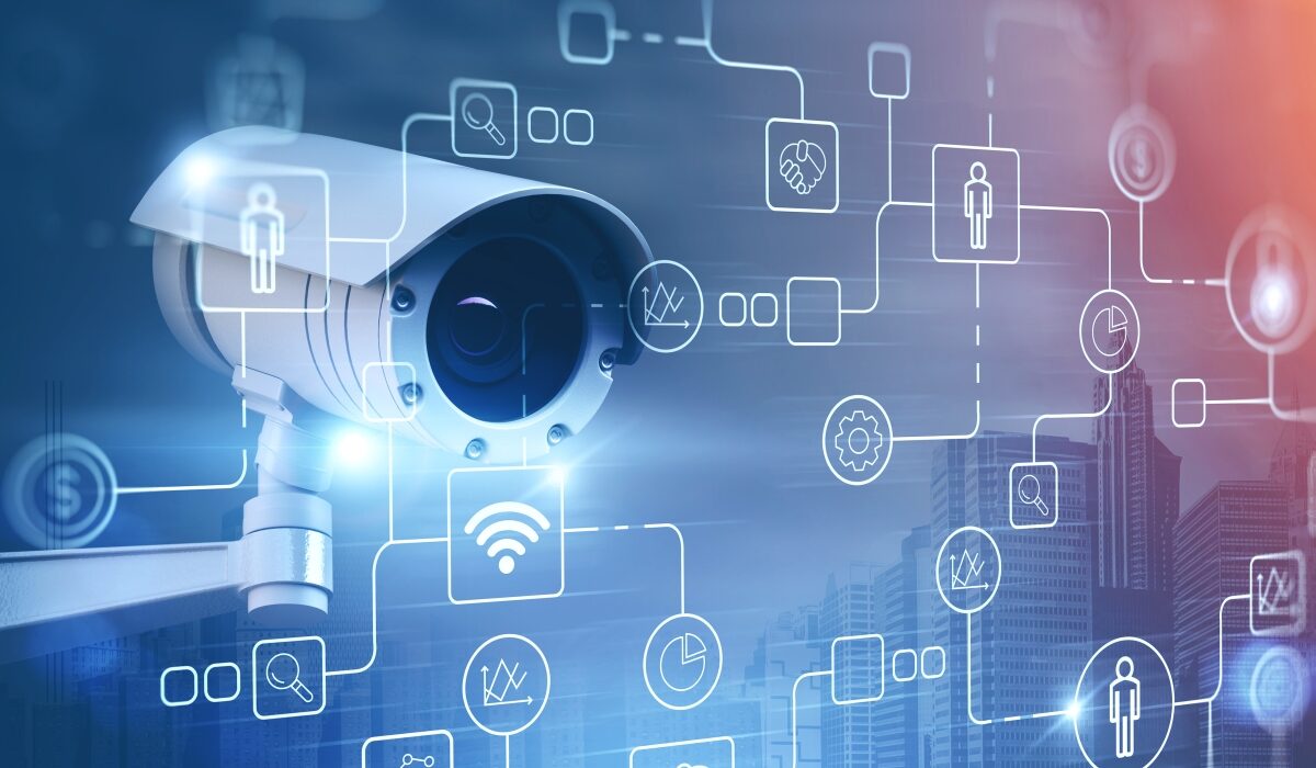 Street camera for surveillance and business icons over cityscape background. Concept of security and privacy protection. Smart city. 3d rendering toned image double exposure